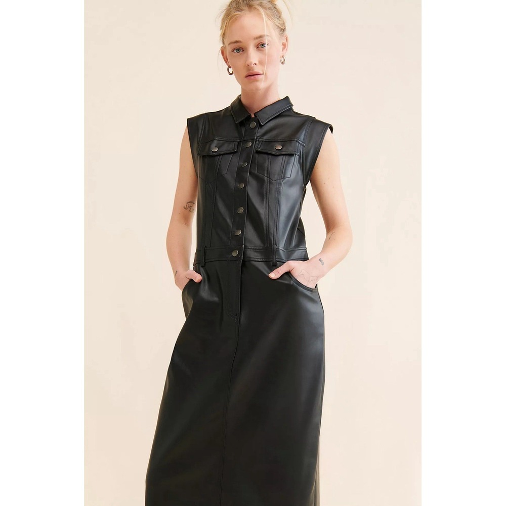 Free People Sleeveless Vegan Leather Midi Dress Medium Moto Edgy Grunge Glam - Picture 2 of 11